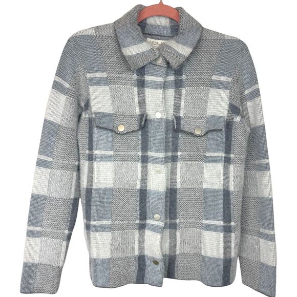 Rachel Zoe Gray & Blue plaid fuzzy Shacket jacket Snap buttons Size Medium - Picture 1 of 14